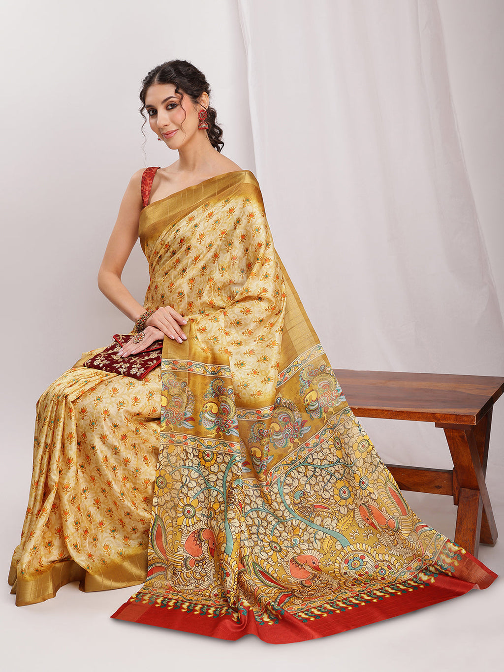 Janasya Olive Green Silk Blend Kalamkari Printed Saree | Grocsy