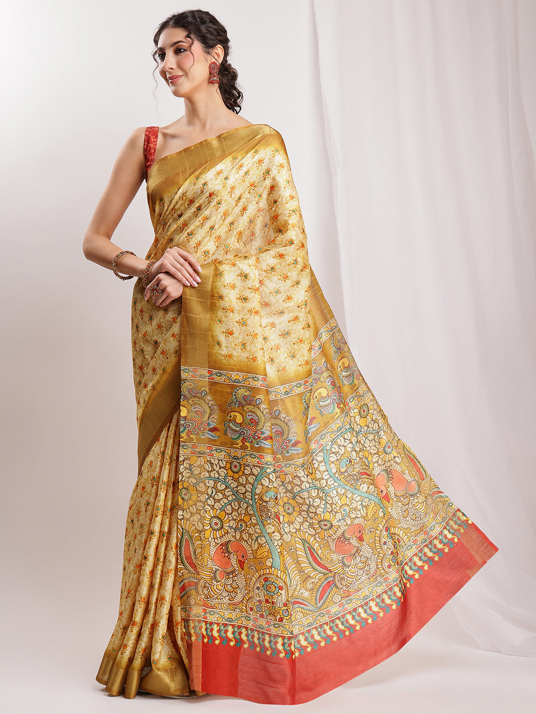 Janasya Olive Green Silk Blend Kalamkari Printed Saree | Grocsy