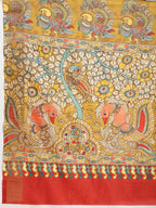 Janasya Olive Green Silk Blend Kalamkari Printed Saree | Grocsy
