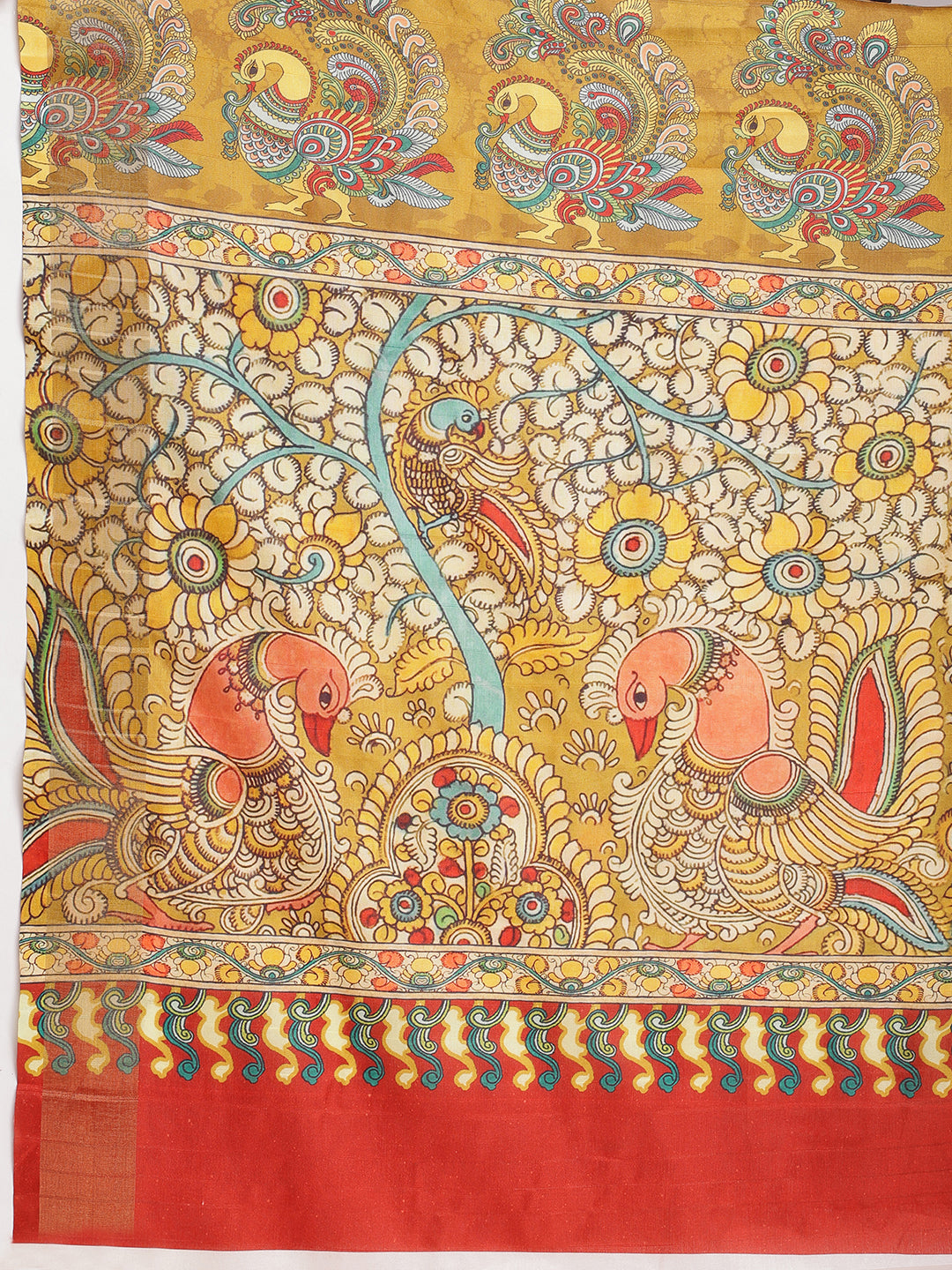 Janasya Olive Green Silk Blend Kalamkari Printed Saree | Grocsy