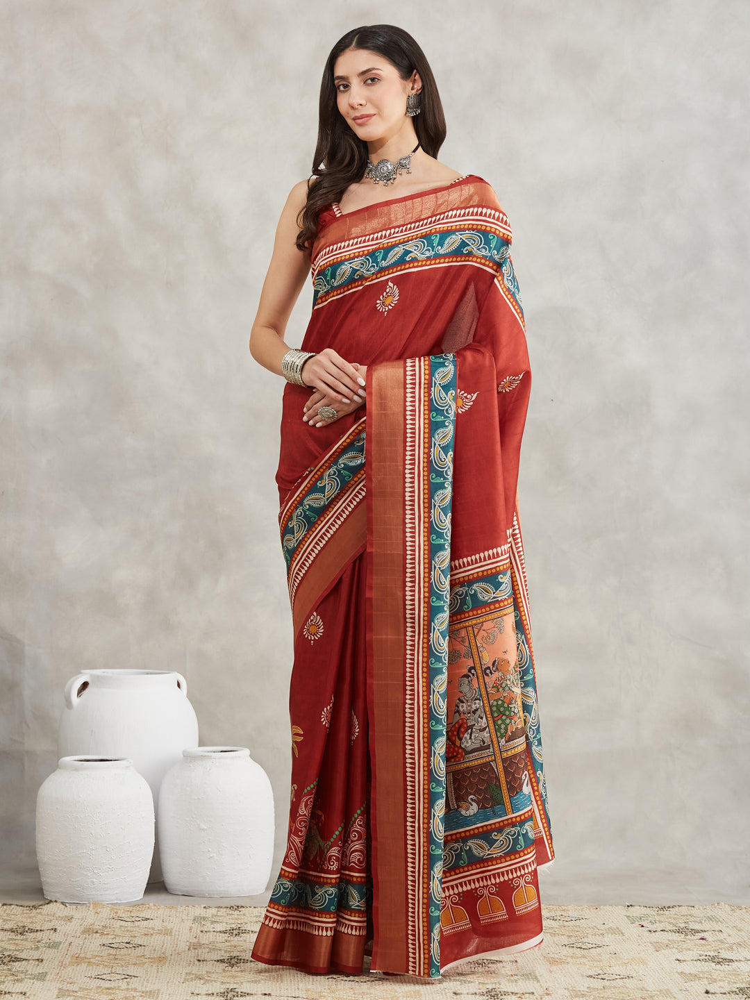 Janasya Rust Silk Blend Paisley Printed Saree | Grocsy