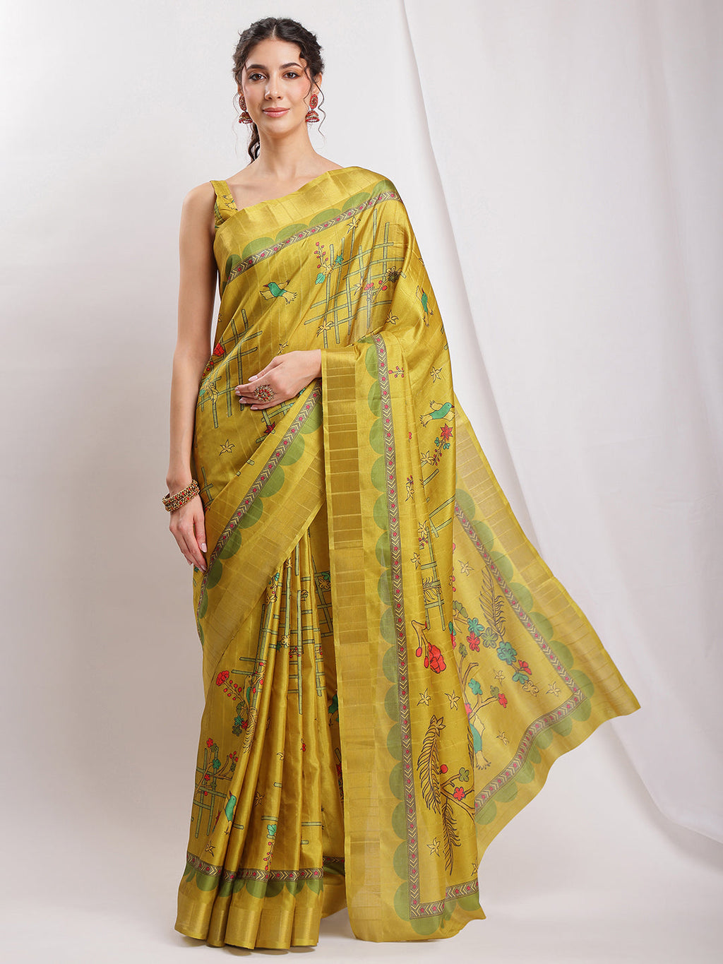 Janasya Green Silk Blend Ethnic Motifs Printed Saree | Grocsy