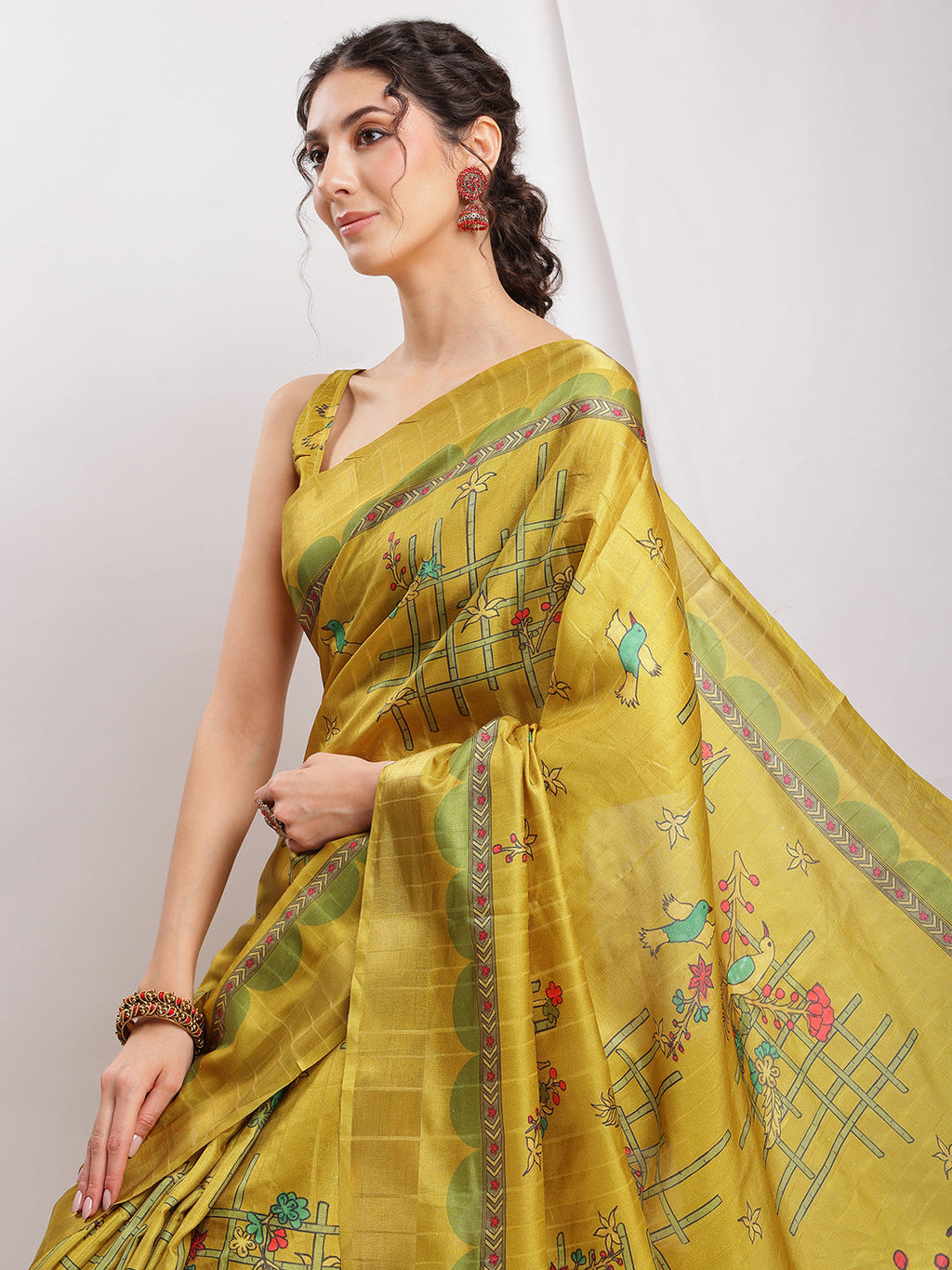 Janasya Green Silk Blend Ethnic Motifs Printed Saree | Grocsy