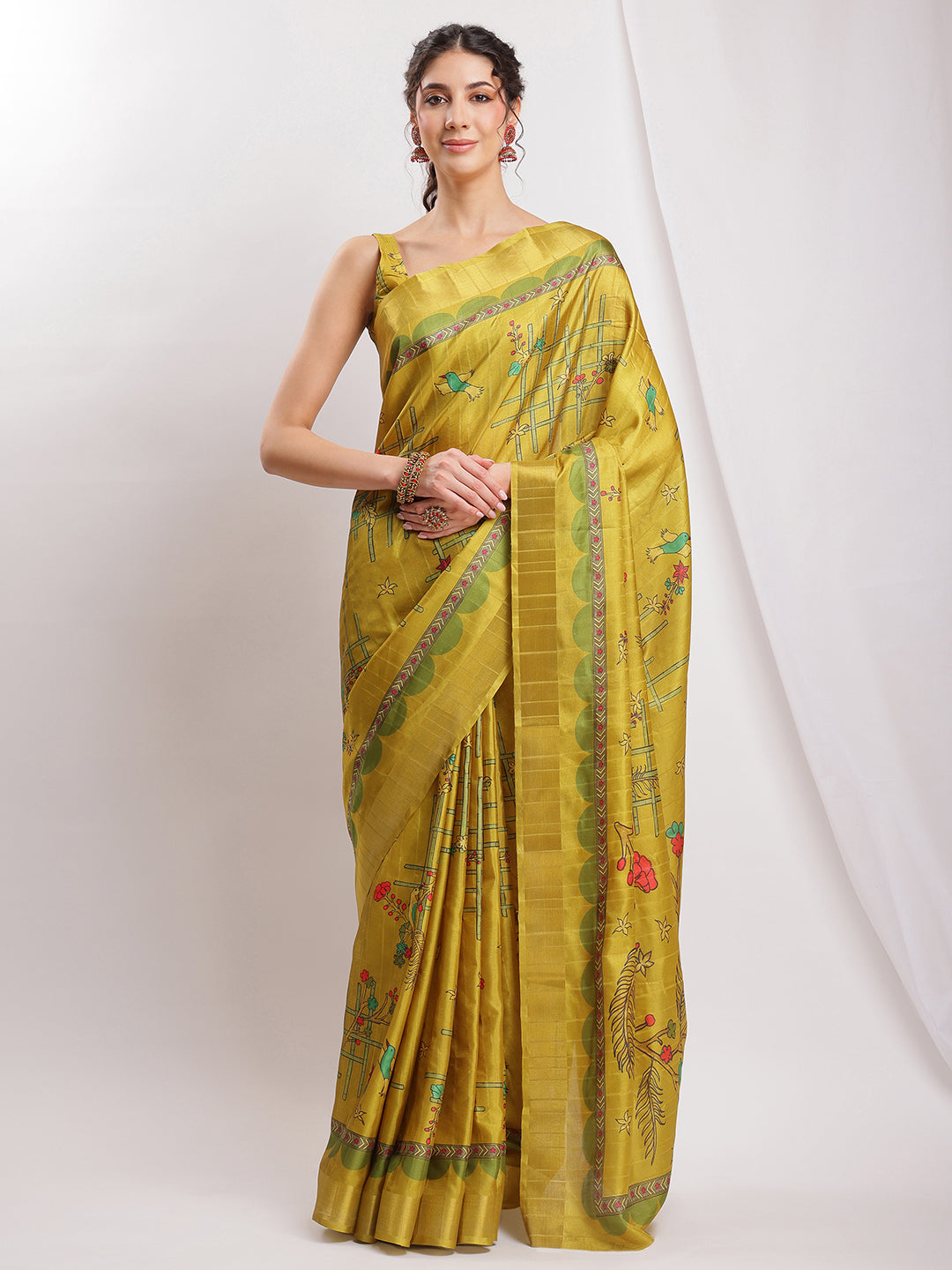 Janasya Green Silk Blend Ethnic Motifs Printed Saree | Grocsy