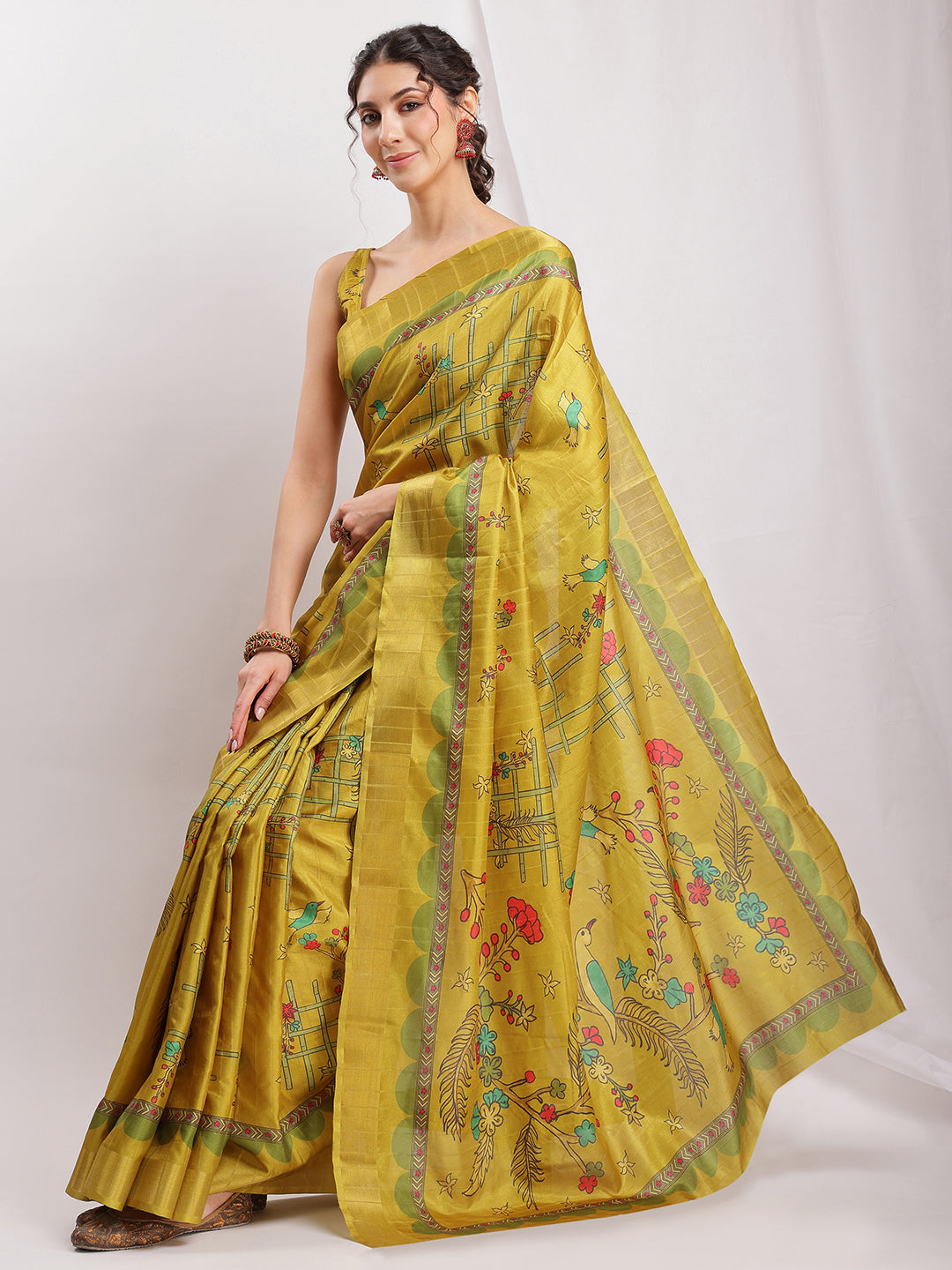 Janasya Green Silk Blend Ethnic Motifs Printed Saree | Grocsy