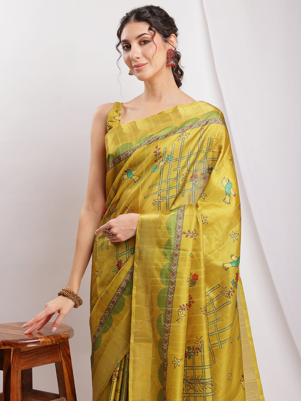 Janasya Green Silk Blend Ethnic Motifs Printed Saree | Grocsy