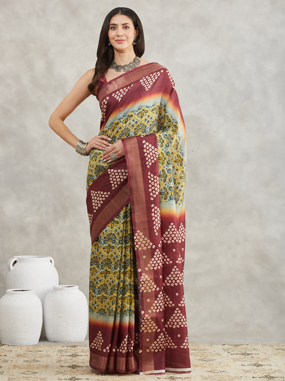 Janasya Yellow Silk Blend Ethnic Motifs Printed Saree | Grocsy