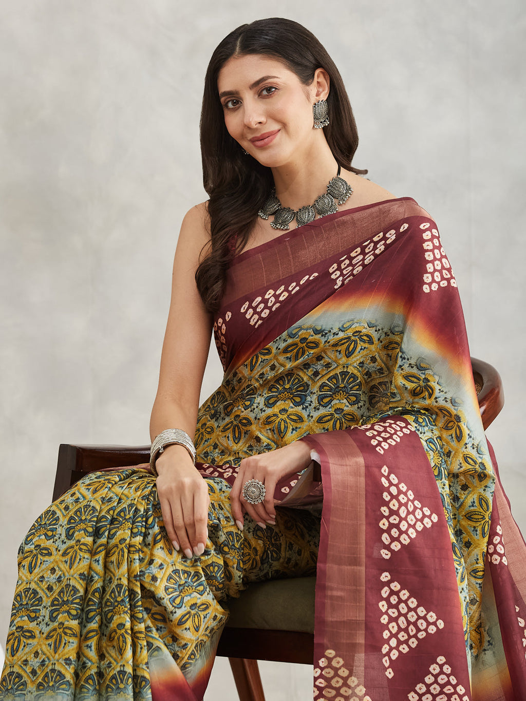 Janasya Yellow Silk Blend Ethnic Motifs Printed Saree | Grocsy