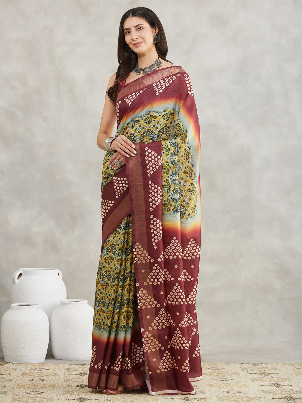 Janasya Yellow Silk Blend Ethnic Motifs Printed Saree | Grocsy