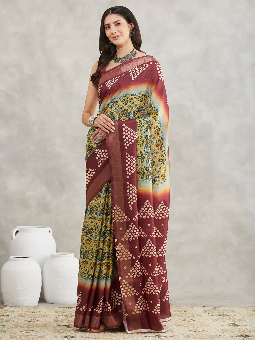 Janasya Yellow Silk Blend Ethnic Motifs Printed Saree | Grocsy