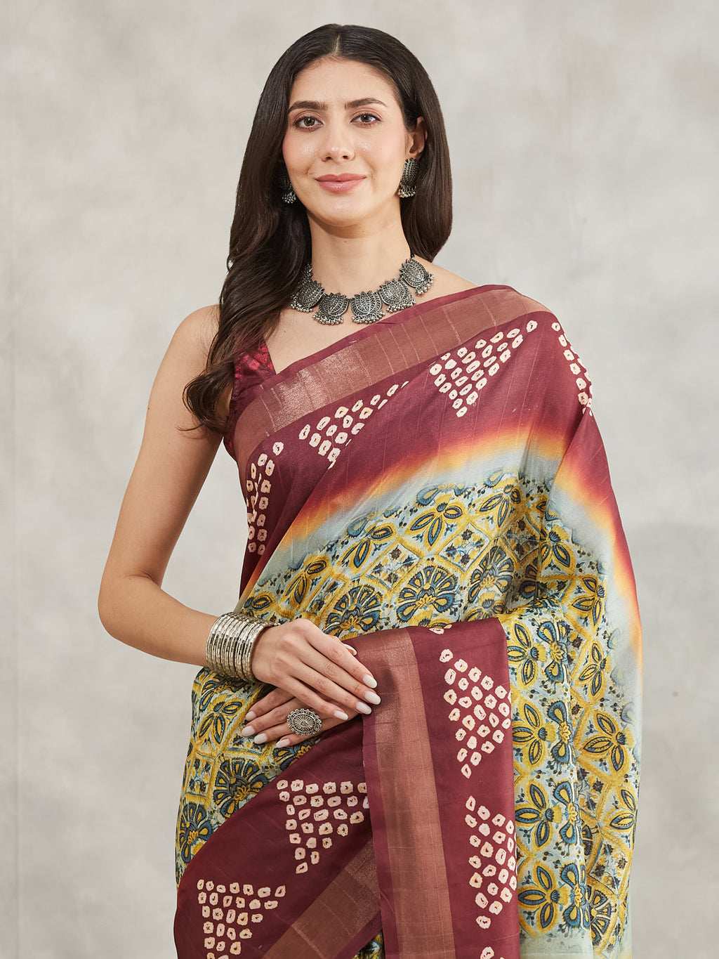 Janasya Yellow Silk Blend Ethnic Motifs Printed Saree | Grocsy