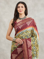Janasya Yellow Silk Blend Ethnic Motifs Printed Saree | Grocsy