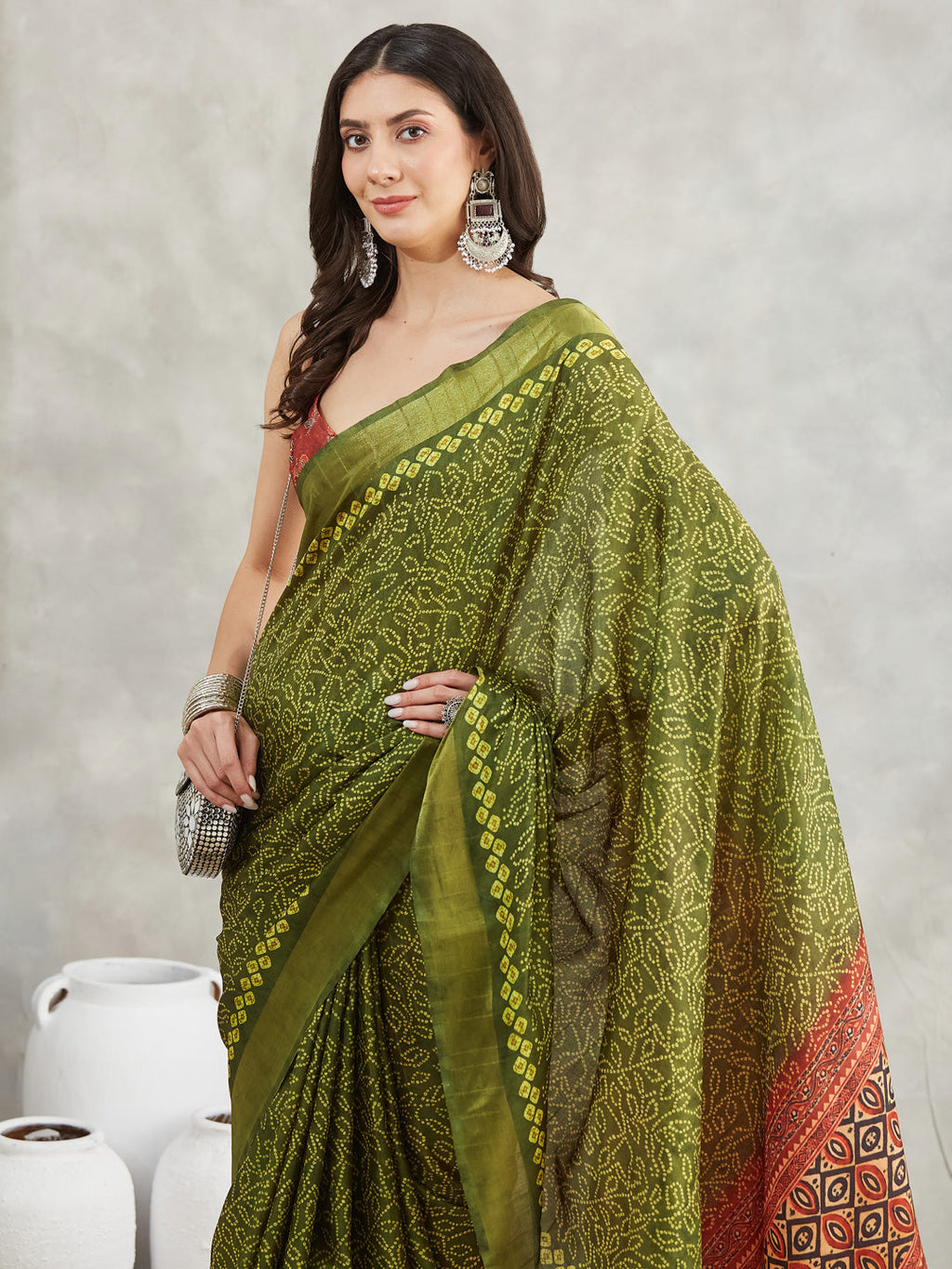 Janasya Mehndi Green Silk Blend Bandhani Printed Saree | Grocsy