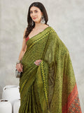 Janasya Mehndi Green Silk Blend Bandhani Printed Saree | Grocsy