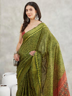 Janasya Mehndi Green Silk Blend Bandhani Printed Saree | Grocsy