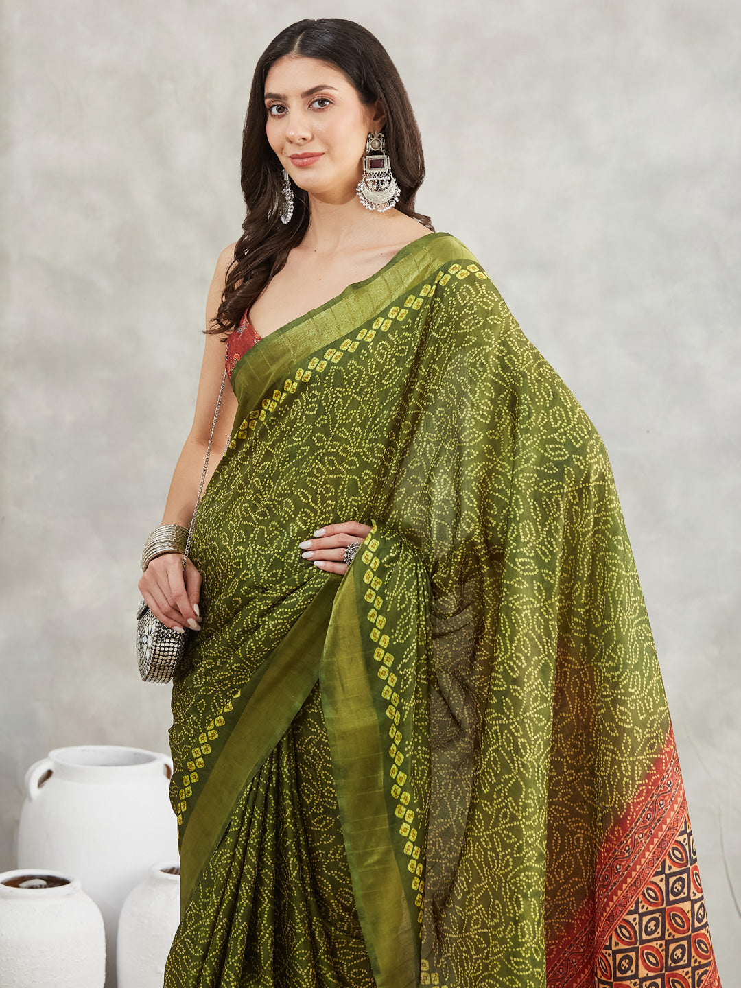 Janasya Mehndi Green Silk Blend Bandhani Printed Saree | Grocsy