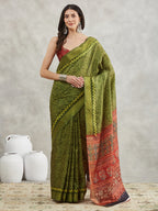 Janasya Mehndi Green Silk Blend Bandhani Printed Saree | Grocsy