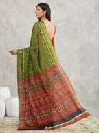 Janasya Mehndi Green Silk Blend Bandhani Printed Saree | Grocsy