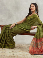 Janasya Mehndi Green Silk Blend Bandhani Printed Saree | Grocsy