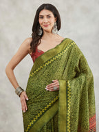 Janasya Mehndi Green Silk Blend Bandhani Printed Saree | Grocsy