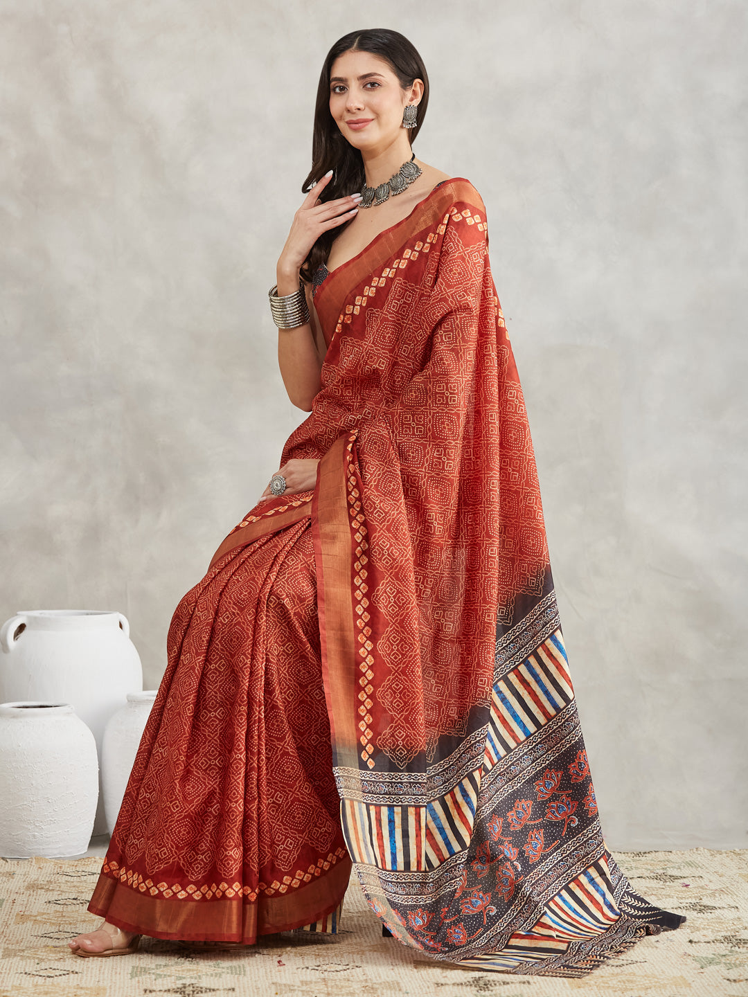 Janasya Rust Orange Silk Blend Bandhani Printed Saree | Grocsy