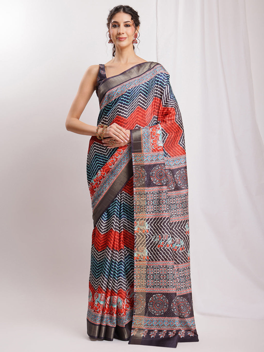 Janasya Multicolor Silk Blend Chevron Printed Saree | Grocsy