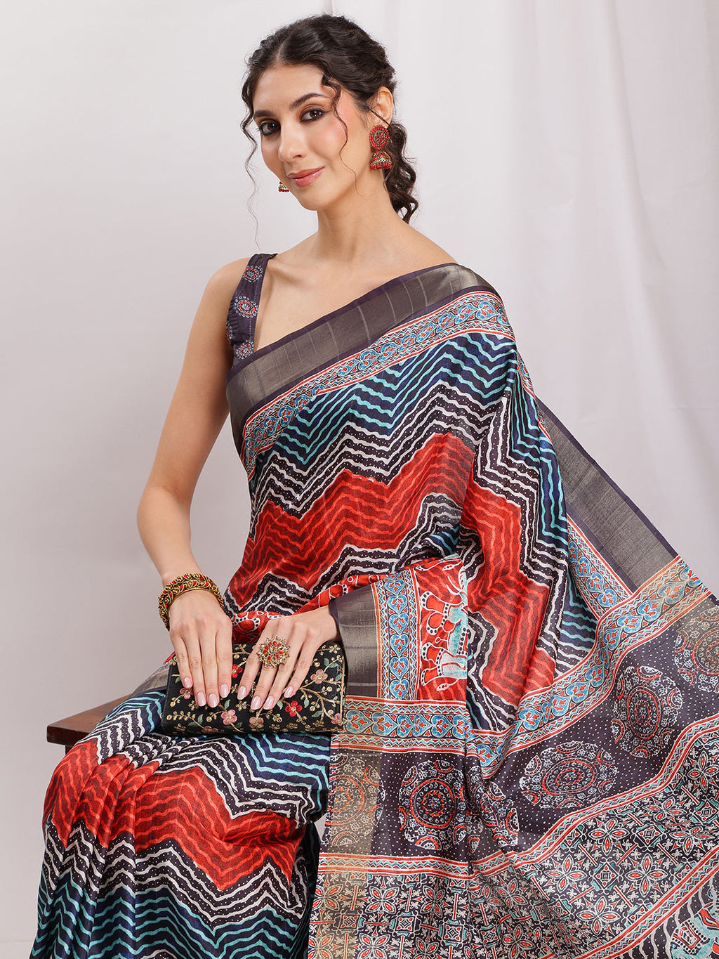 Janasya Multicolor Silk Blend Chevron Printed Saree | Grocsy