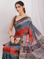 Janasya Multicolor Silk Blend Chevron Printed Saree | Grocsy
