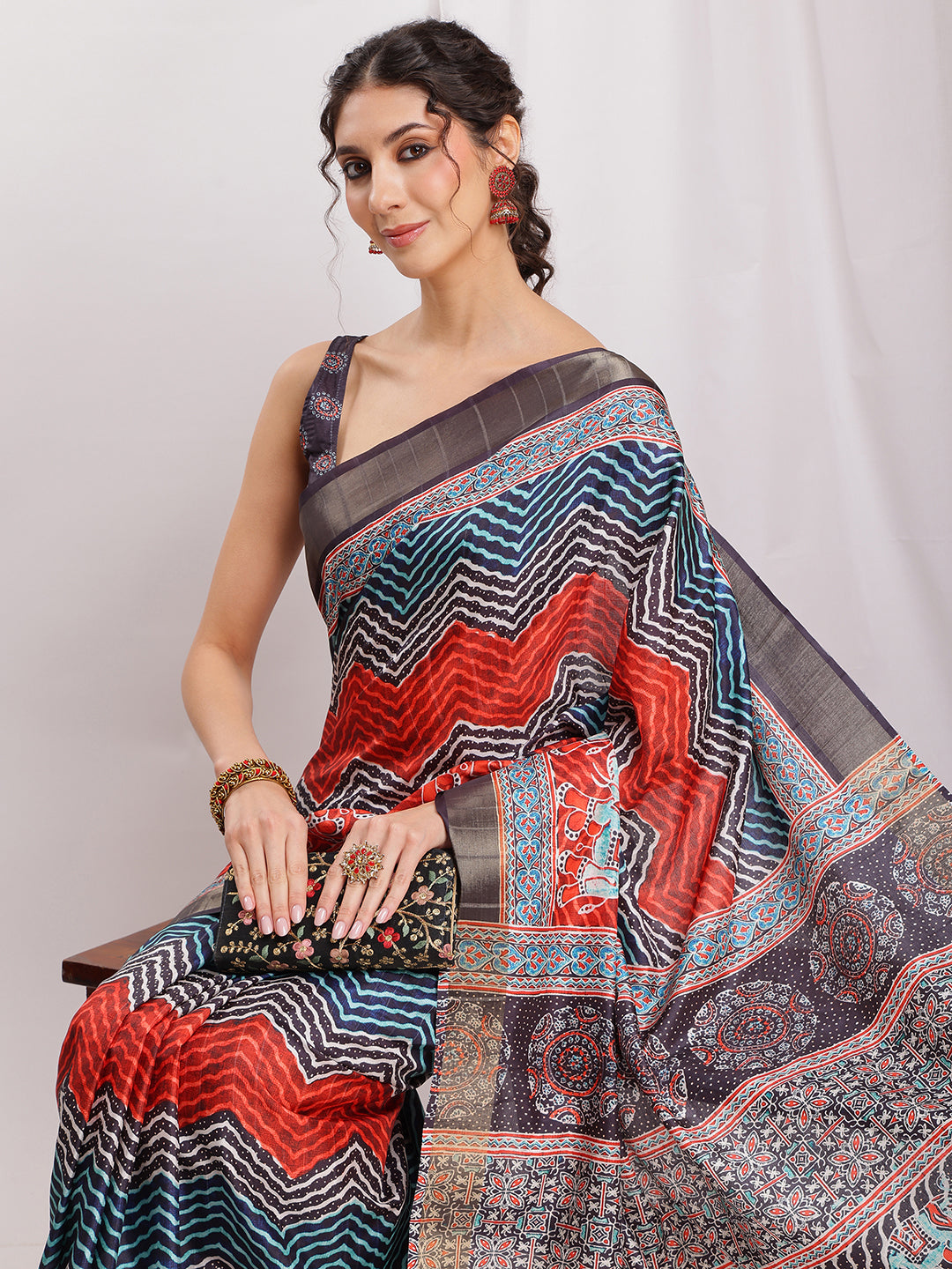 Janasya Multicolor Silk Blend Chevron Printed Saree | Grocsy