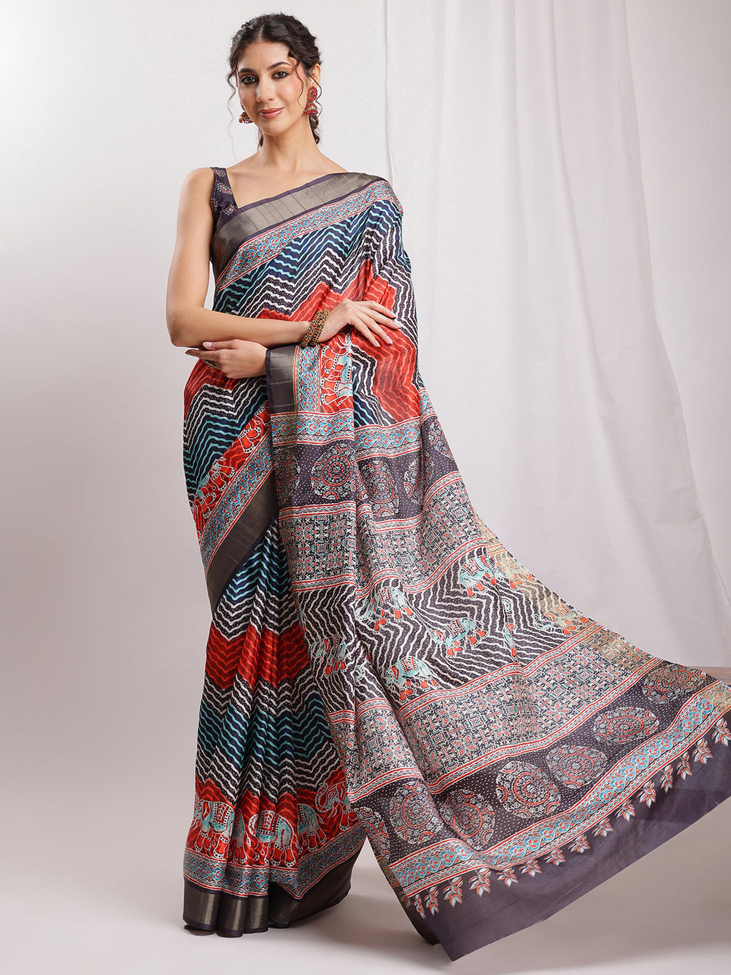 Janasya Multicolor Silk Blend Chevron Printed Saree | Grocsy