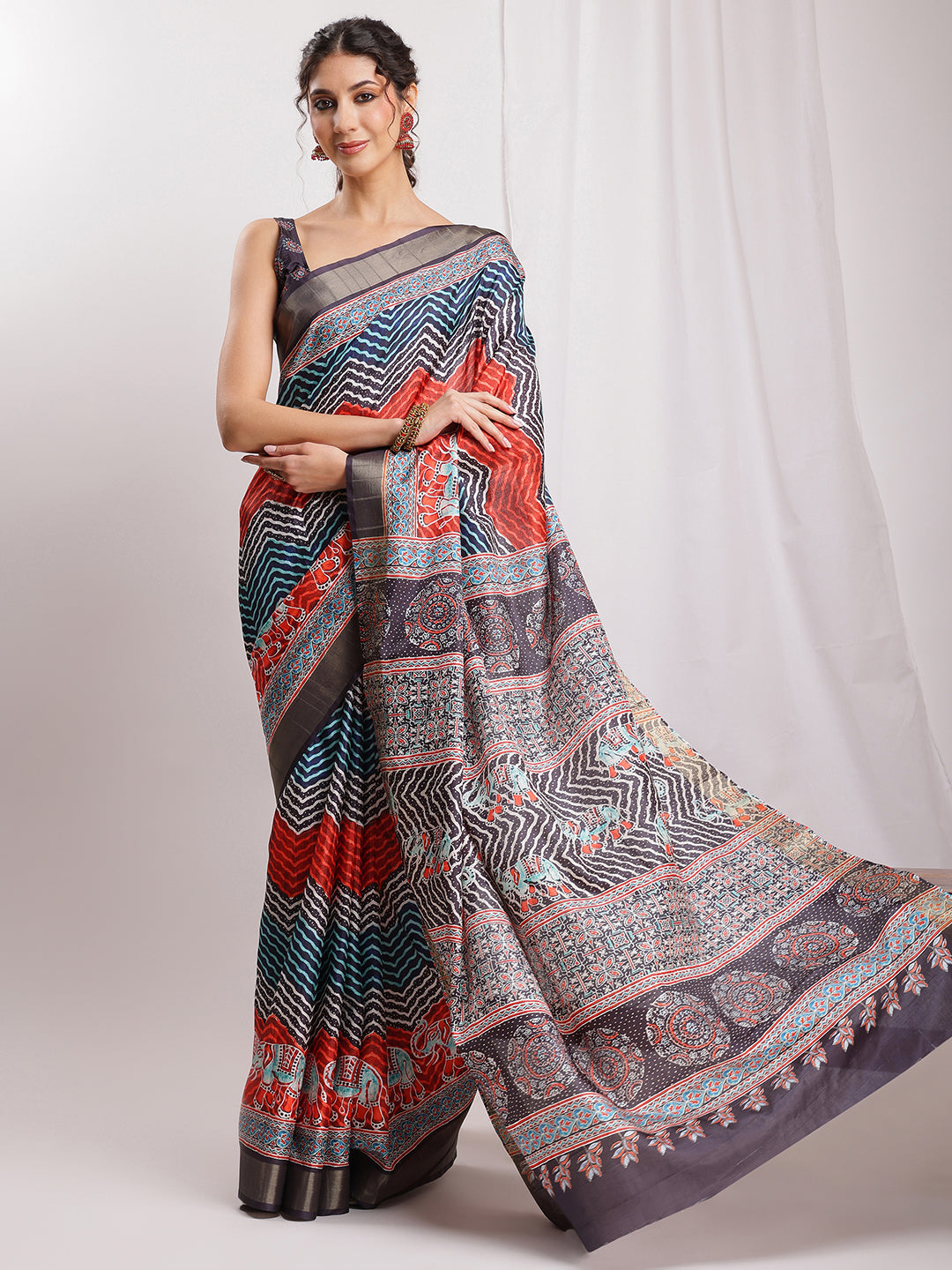 Janasya Multicolor Silk Blend Chevron Printed Saree | Grocsy