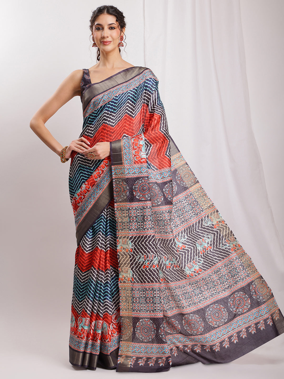 Janasya Multicolor Silk Blend Chevron Printed Saree | Grocsy