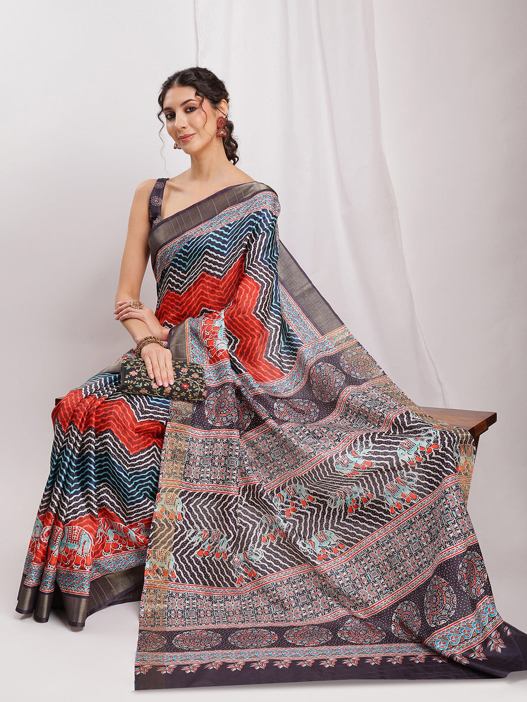 Janasya Multicolor Silk Blend Chevron Printed Saree | Grocsy