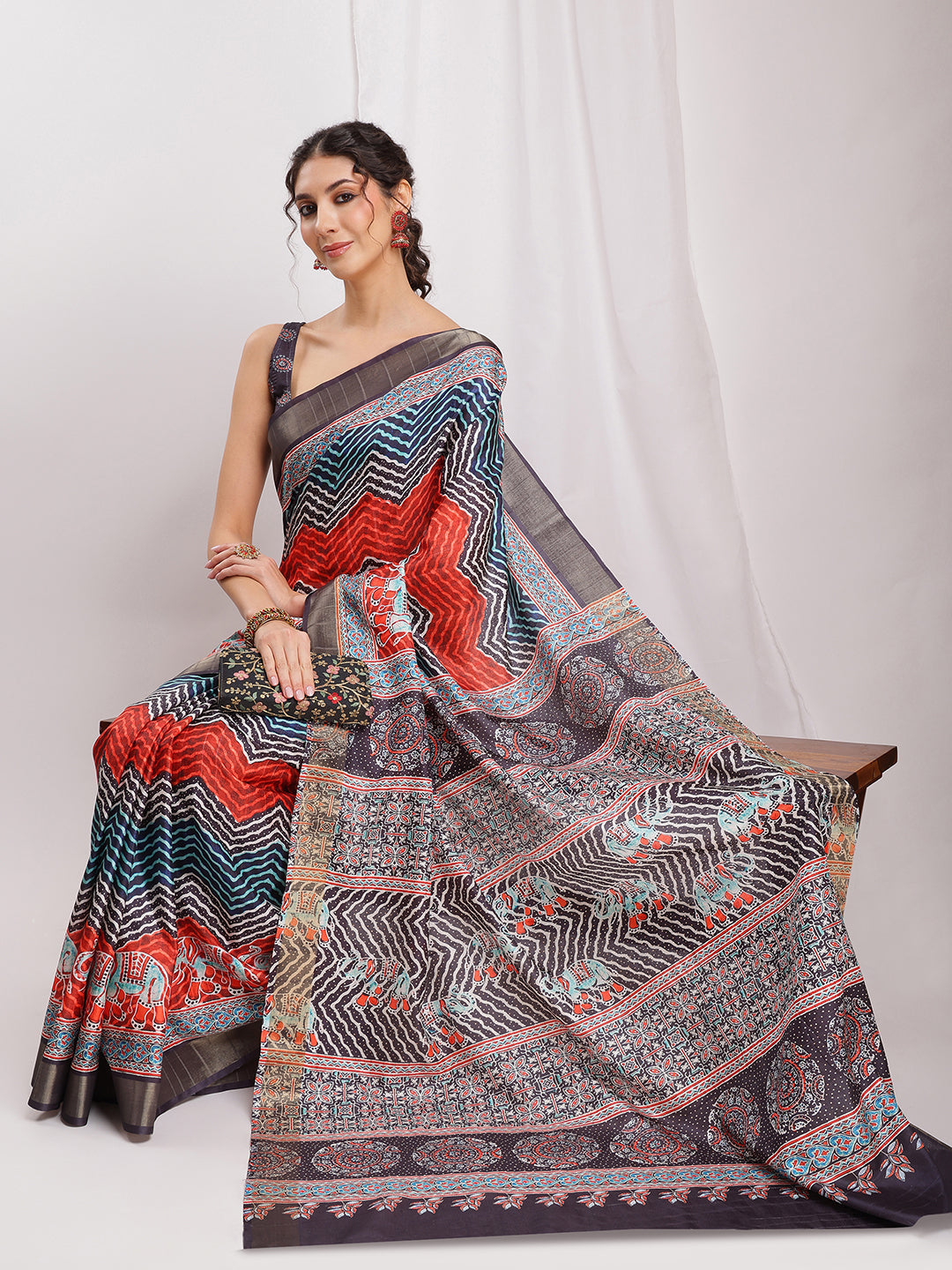Janasya Multicolor Silk Blend Chevron Printed Saree | Grocsy