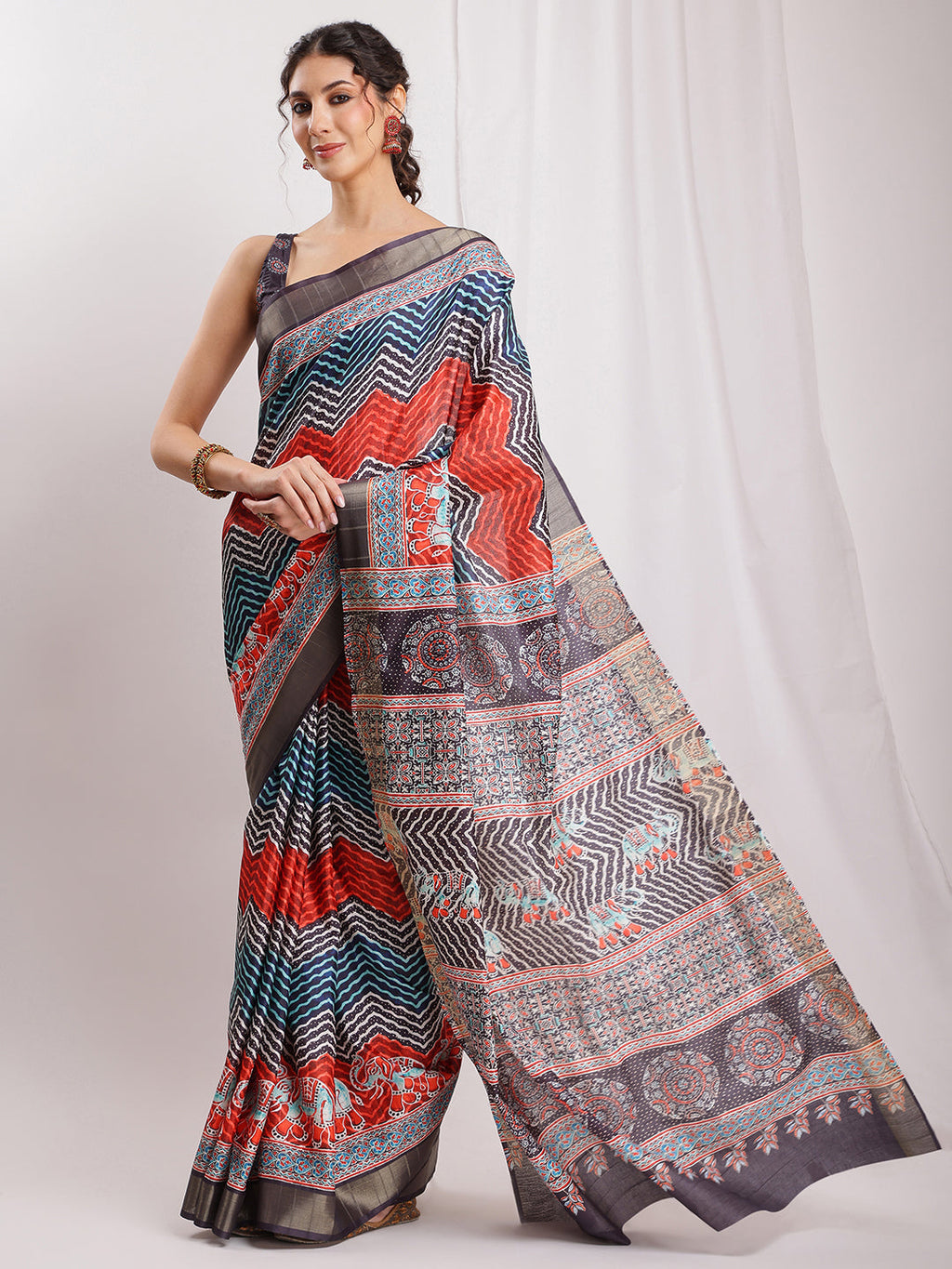 Janasya Multicolor Silk Blend Chevron Printed Saree | Grocsy