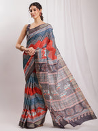 Janasya Multicolor Silk Blend Chevron Printed Saree | Grocsy