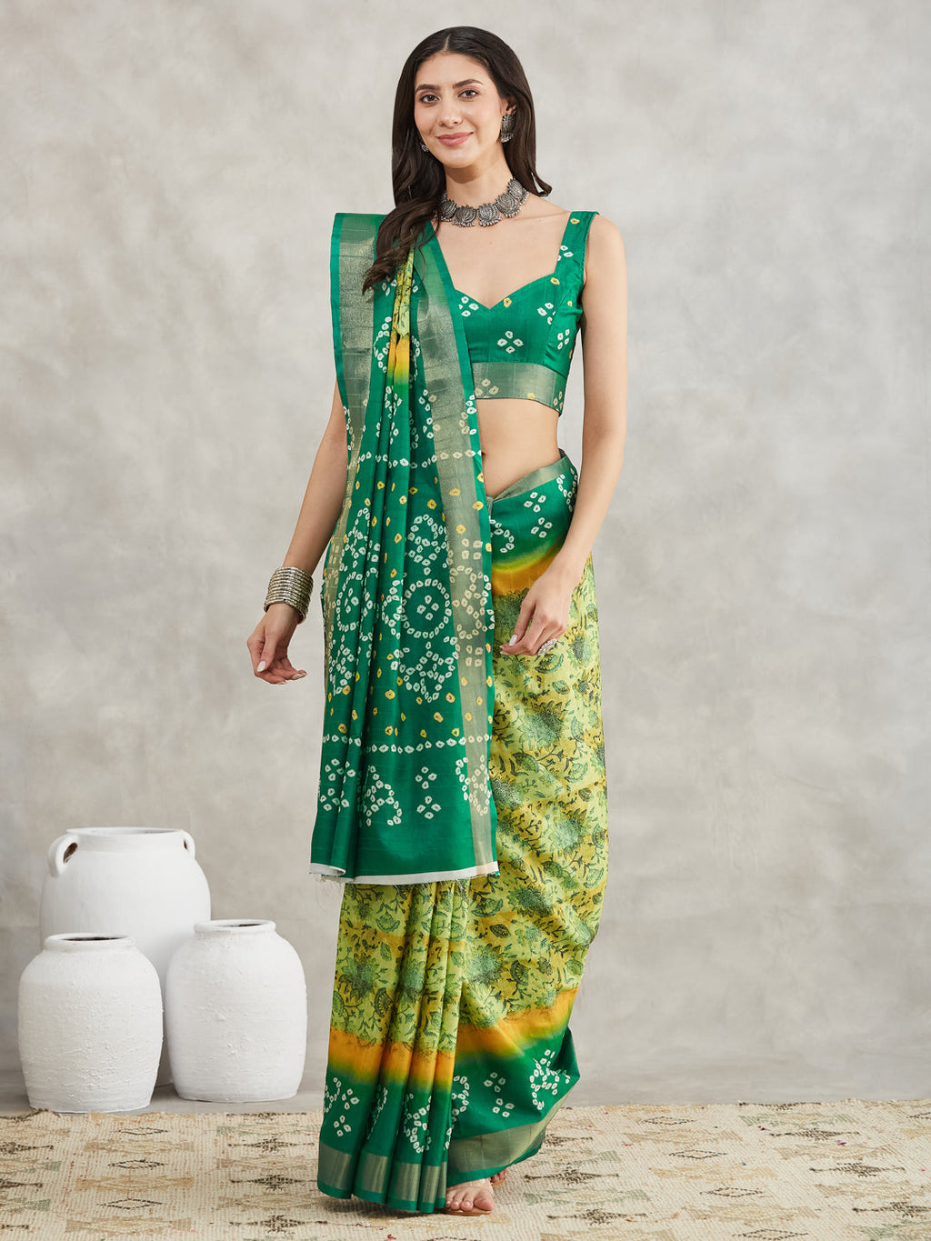Janasya Mustard & Green Silk Blend Bandhani Printed Saree | Grocsy