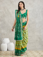 Janasya Mustard & Green Silk Blend Bandhani Printed Saree | Grocsy