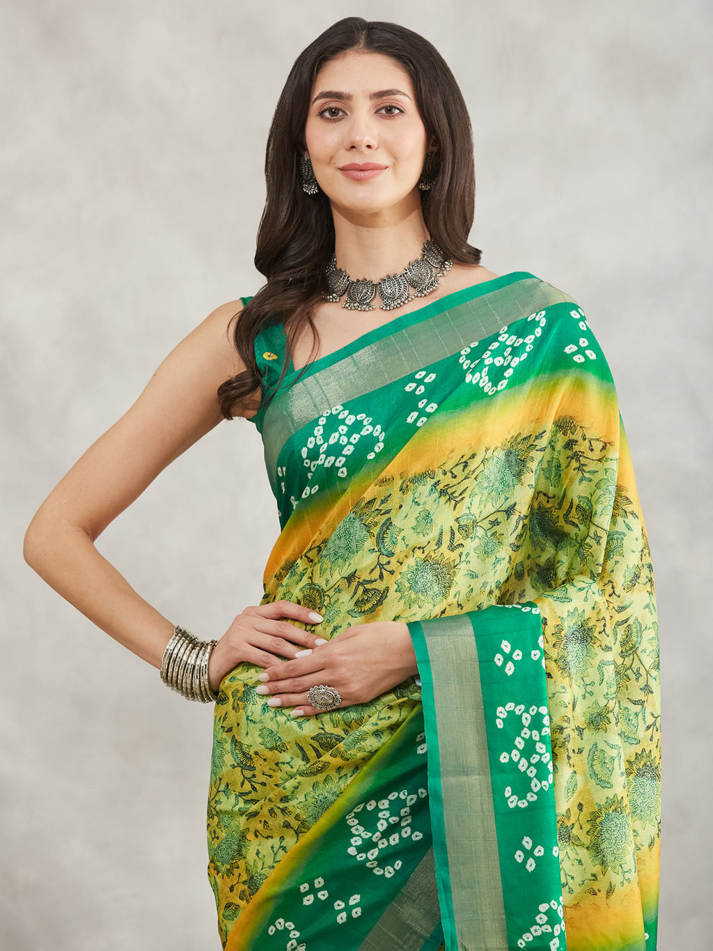 Janasya Mustard & Green Silk Blend Bandhani Printed Saree | Grocsy