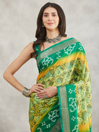 Janasya Mustard & Green Silk Blend Bandhani Printed Saree | Grocsy