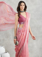 Janasya Mauve Linen Blend Floral Printed Saree | Grocsy