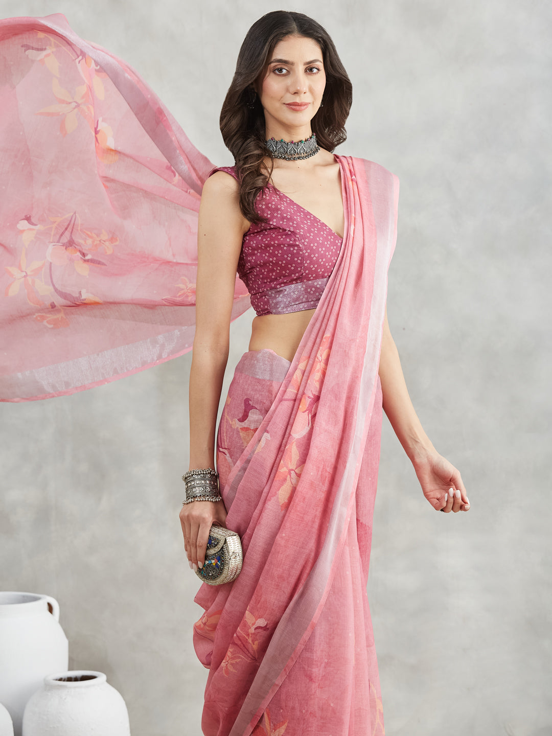 Janasya Mauve Linen Blend Floral Printed Saree | Grocsy