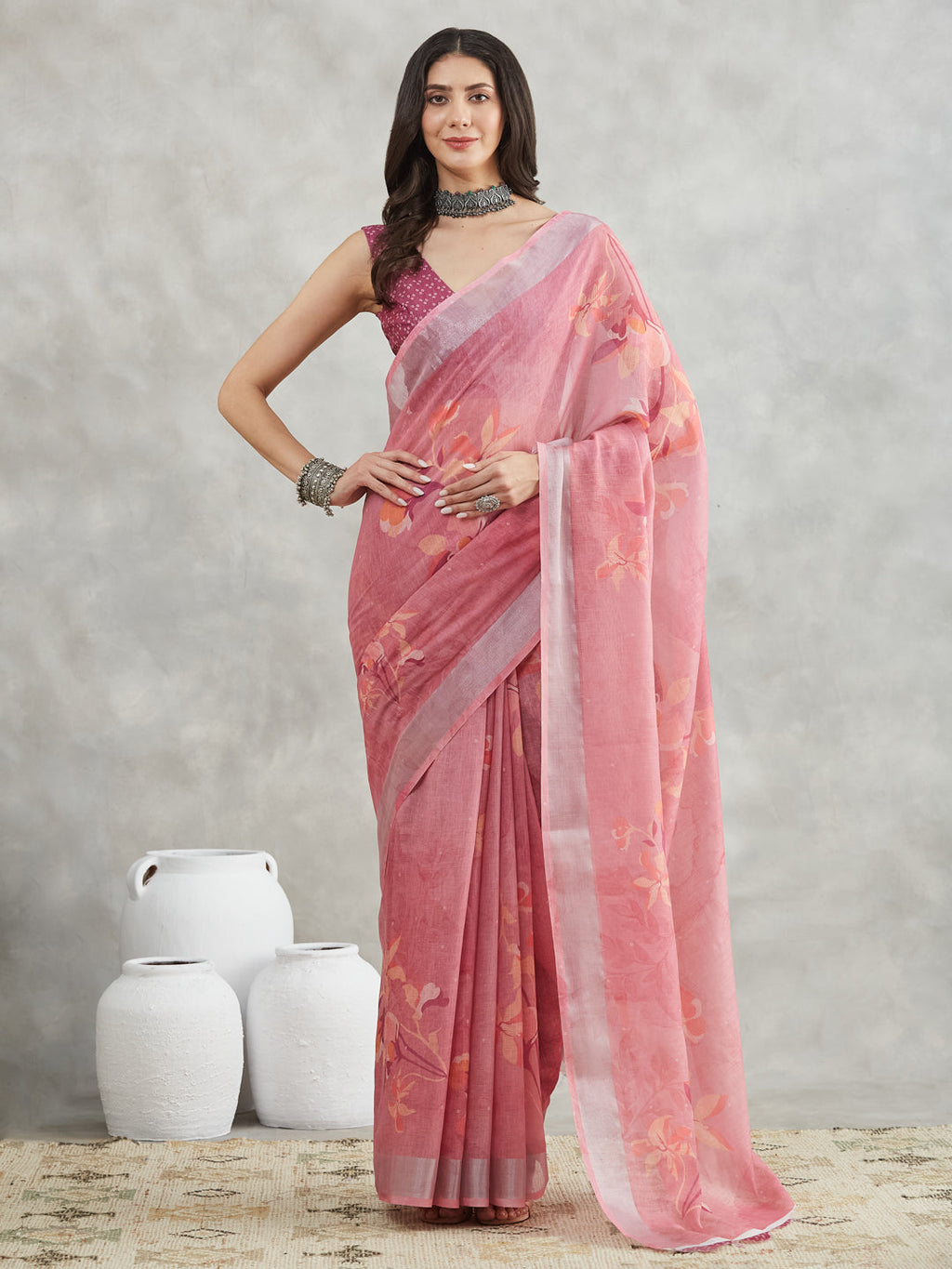 Janasya Mauve Linen Blend Floral Printed Saree | Grocsy