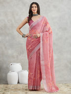 Janasya Mauve Linen Blend Floral Printed Saree | Grocsy