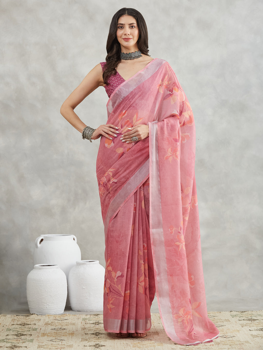Janasya Mauve Linen Blend Floral Printed Saree | Grocsy