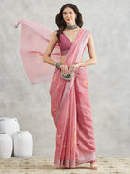 Janasya Mauve Linen Blend Floral Printed Saree | Grocsy