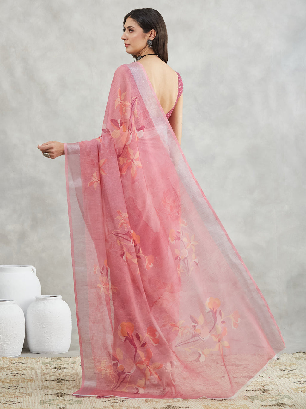 Janasya Mauve Linen Blend Floral Printed Saree | Grocsy