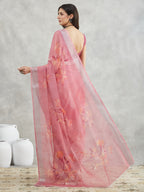 Janasya Mauve Linen Blend Floral Printed Saree | Grocsy
