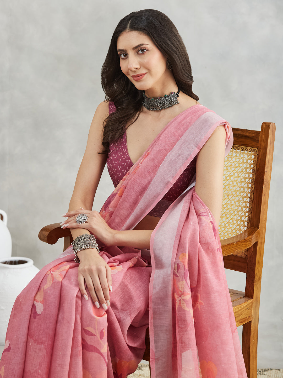 Janasya Mauve Linen Blend Floral Printed Saree | Grocsy