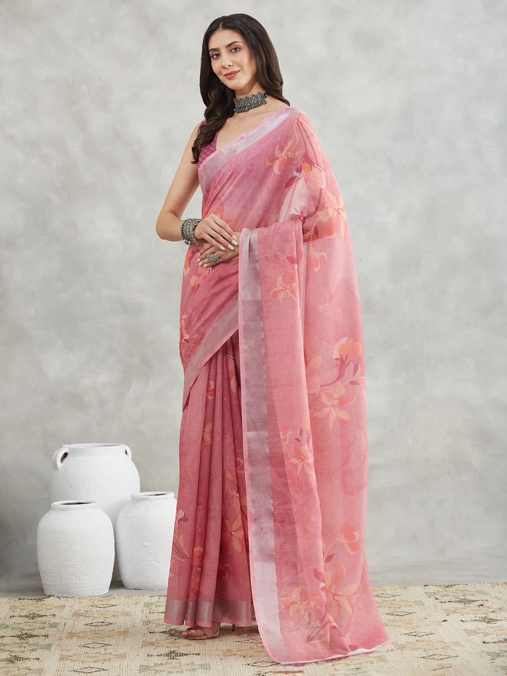 Janasya Mauve Linen Blend Floral Printed Saree | Grocsy